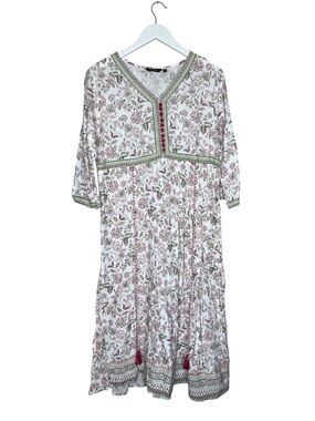 EASYBUY Paisley Traditional Kurta Ivory Midi Boho Dress Large V-Neck Floral